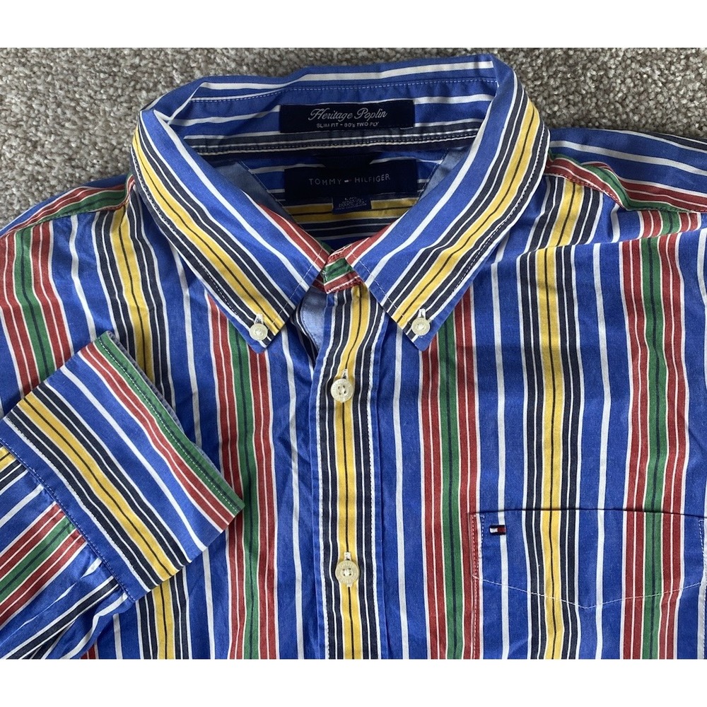 VTG Tommy Hilfiger Heritage Poplin Slim Shirt Mens L Loud Colorful Striped Work